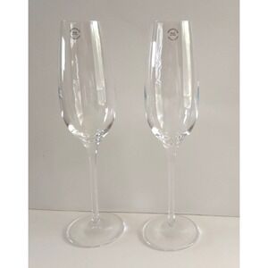 Tiffany & Co Crystal Champagne Flutes Pair Made In Italy Signed‎ w/ Sticker NWOT